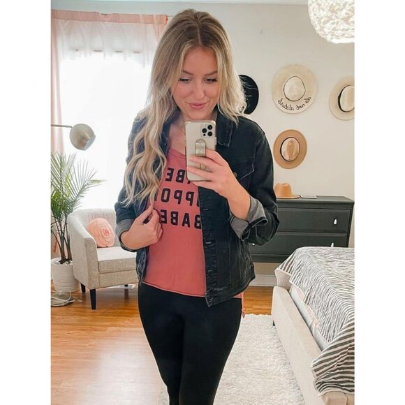 Women's Button Down Stretch Fitted Long Sleeves Denim Jean Jacket Vintage Black - Picture 6 of 9